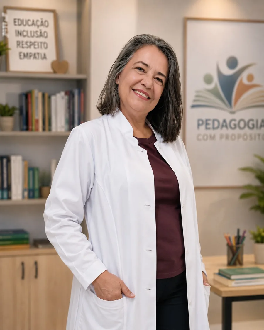 Professora Cíntia Paulino, pedagoga e neuropsicopedagogia clínica, sorrindo em seu consultório acolhedor